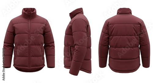 Maroon Puffer Jacket Mockup: Front, Side and Back Views Isolated on White Background