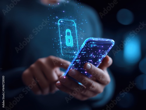 Man using smartphone to encrypt data and strengthen cybersecurity, Protecting personal and corporate information against hackers. Data privacy, Safe internet technology practices..