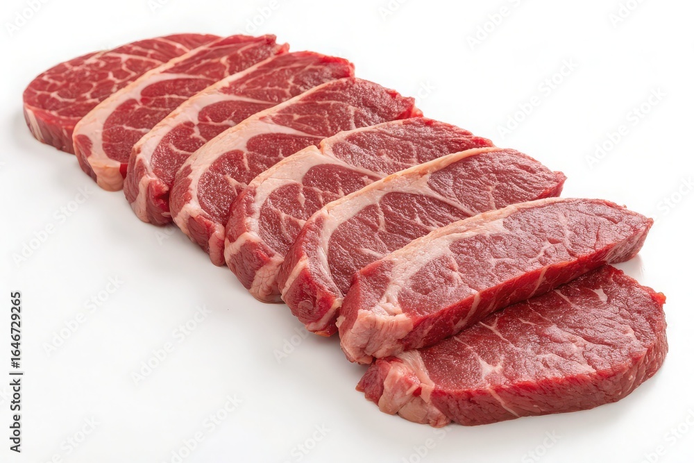 Obraz premium Raw beef steaks sliced and arranged isolated on white background