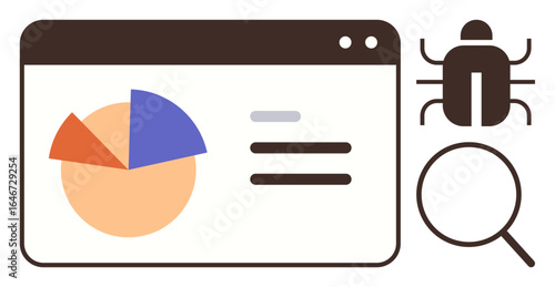 Analytical chart, bug icon, and magnifying glass highlight software debugging, data analysis, problem-solving, and quality assurance. Ideal for technology, research, programming troubleshooting