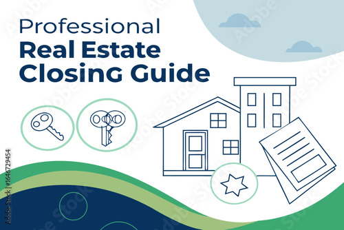 Illustration depicting real estate closing guide with keys, house, building, and document outlines present