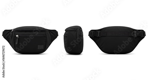 Versatile black fanny pack mockup with front, side, and back views. Realistic waist bag template for accessory and apparel branding.