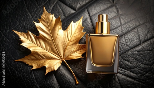 Elegant stylized gold maple leaf with gold perfume bottle on dark black leather background, high contrast, luxury minimal design, ultra-high resolution, perfect for a premium product display backdrop