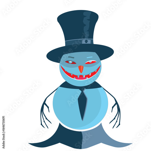 Evil creepy snowman in a high hat isolated on white background.	