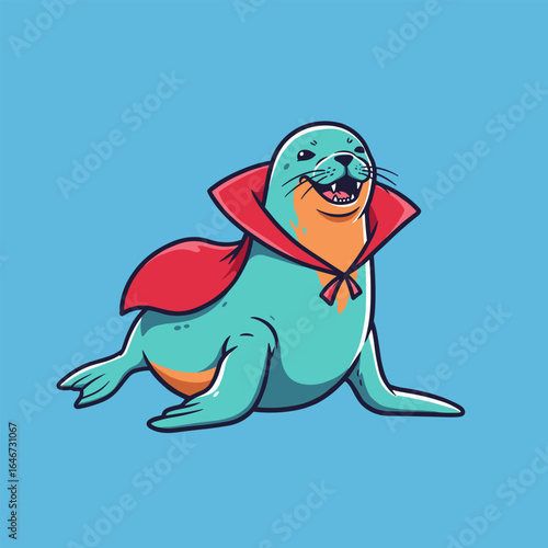 Wallpaper Mural Smiling cartoon seal with a red cape and orange patch on a teal body. Torontodigital.ca