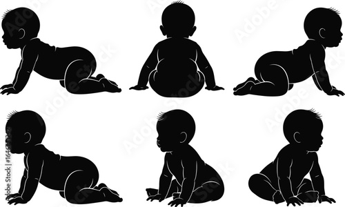 Silhouette baby crawling, sitting, infant posture, child development, toddler pose, black vector illustration, parenting concept, outline design, isolated graphic