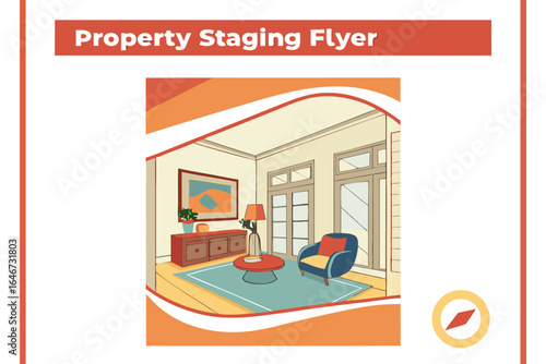 Illustration of a staged living room interior with furniture and decor in a bright and airy setting style