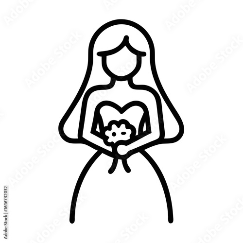Bride holding bouquet in simple line icon style  