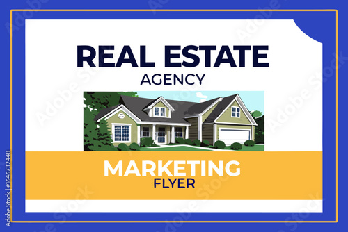 Real estate agency marketing flyer featuring a house with a garage and a blue and yellow border design