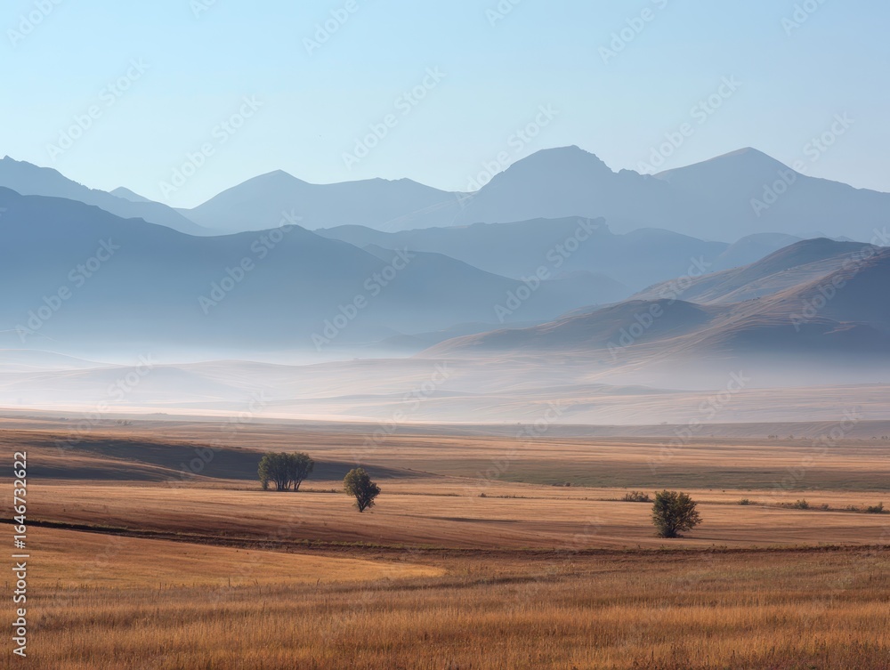 Obraz premium Open Steppe Landscape with Distant Mountains and Thin Mist