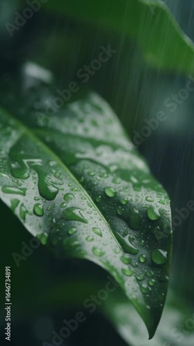A tranquil close-up of fresh raindrops on a vibrant, broad green leaf during a gentle shower in a lush, peaceful forest.