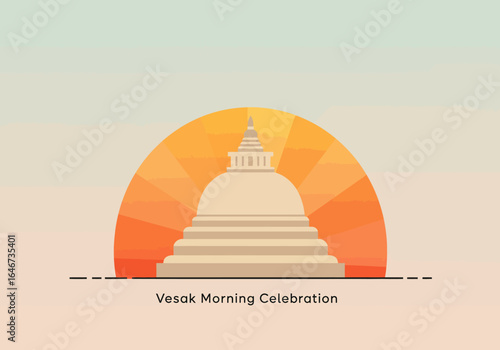 Celebrating the sacred morning of Vesak with a serene white stupa at dawn. Buddhist holiday concept.