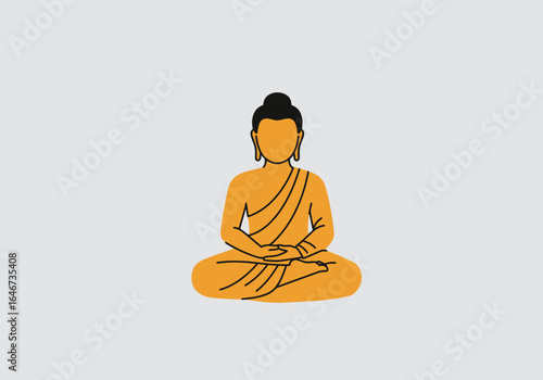Minimalist flat vector illustration of the Buddha meditating in a lotus pose. A symbol of spiritual enlightenment, peace, and mindfulness.