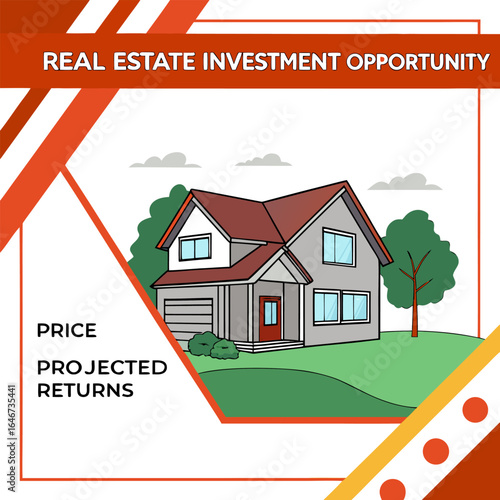 Illustration showing a house with trees and clouds against a white background with orange accents design