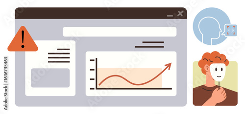 Data graph with upward trend, alert icon, speech bubble, and masked person. Ideal for growth analysis, identity concept, safety, risk decision-making communication digital awareness. Simple flat