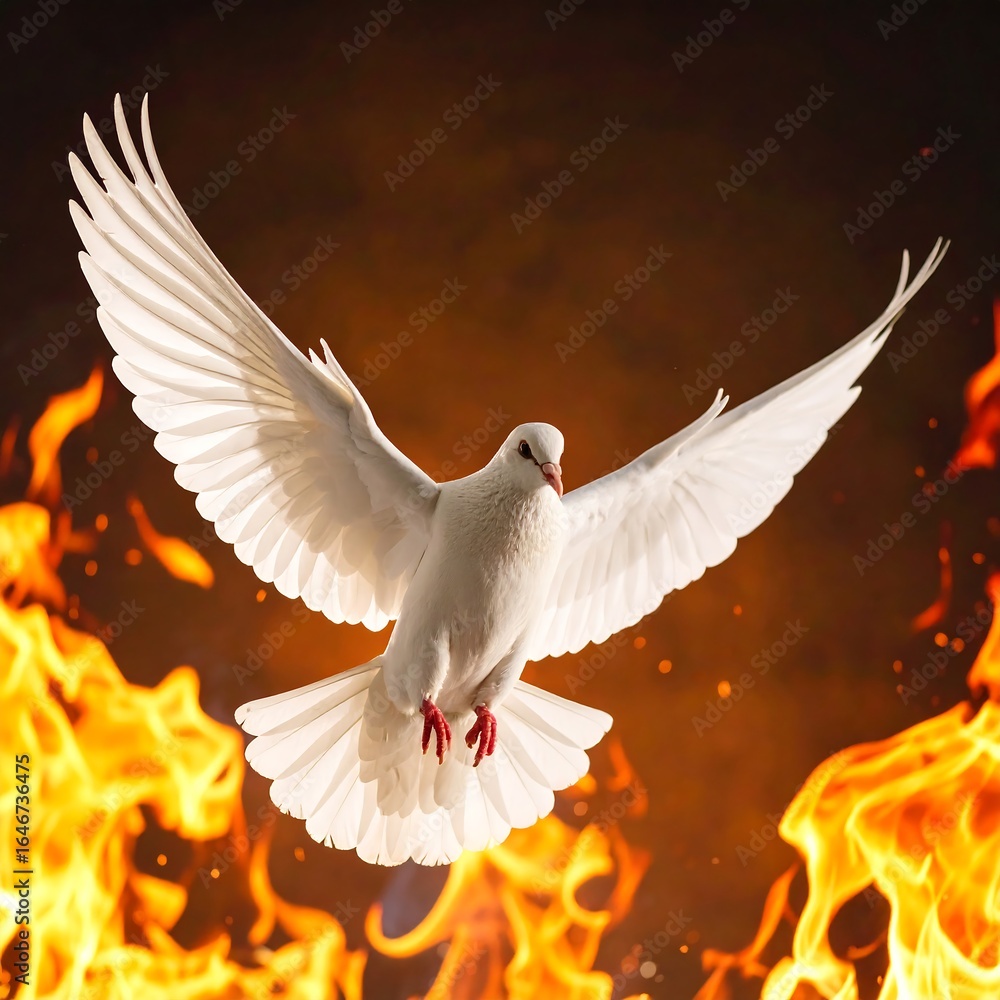 Fototapeta premium White dove flying through flames
