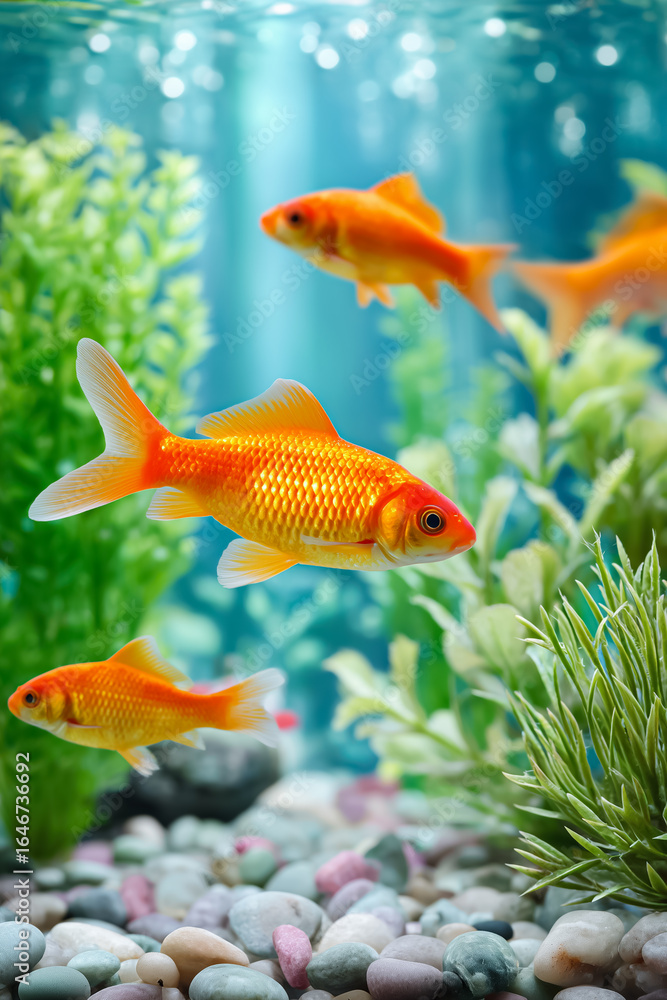 Fototapeta premium A vibrant underwater scene featuring goldfish swimming gracefully among lush aquatic plants and colorful pebbles.
