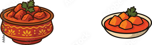 Chicken Tikka Masala in Bowl and pot Vector Illustration