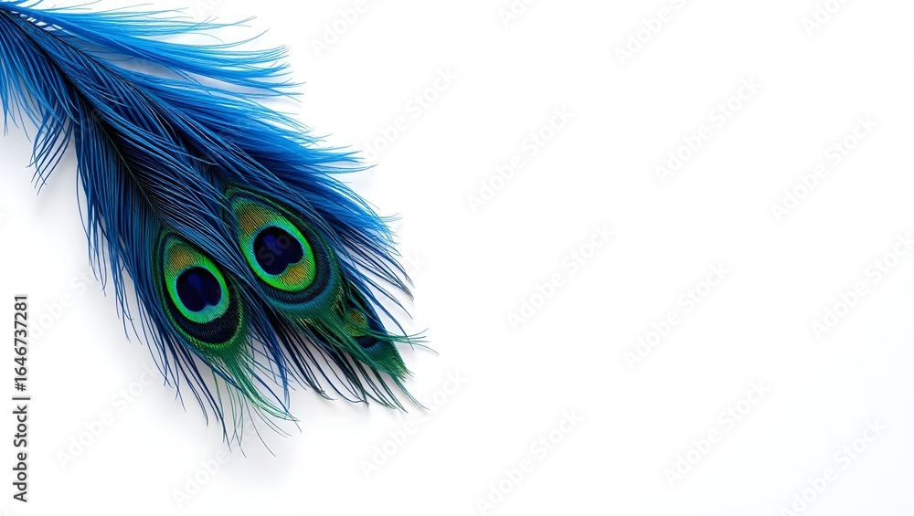 Obraz premium Luxurious White Backdrop with Blue Gold Peacock Feathers Glitter and Gems for Marketing Copy Space 4K