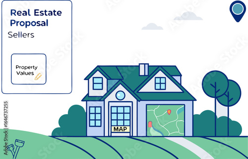 Illustration of real estate proposal for sellers with property values and house map in a green landscape