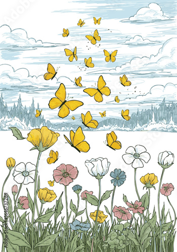 Create need Hand drawing Yellow butterflies, Flowers, sky, trees, victor art on white background