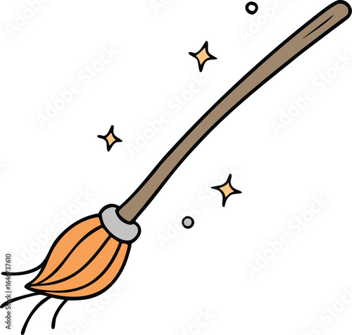 broomstick floating with sparkles and magic dust on transparent background