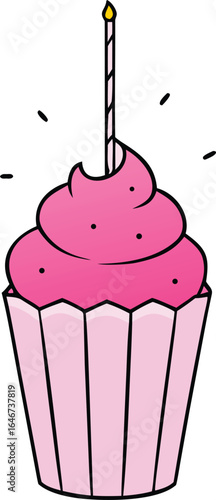 cupcake with frosting swirl and sparkler candle on transparent background