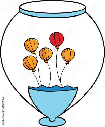 fishbowl filled with floating hot air balloons on transparent background