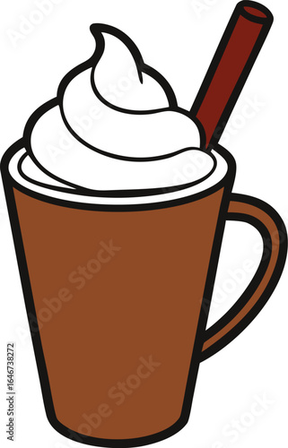 mug of hot chocolate with whipped cream and cinnamon on transparent background