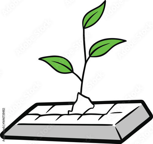 plant growing from a crack in an ancient computer on transparent background