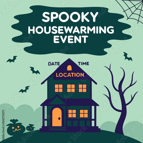 Illustration of a spooky housewarming event with bats pumpkins and a bare tree on a light green background