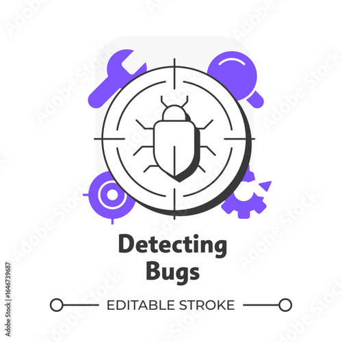 Detecting bugs flat outline concept icon. Software engineering, developer. System maintenance, qa testing. Modern line illustration with purple glyphs. Conceptual visual. Easy to edit