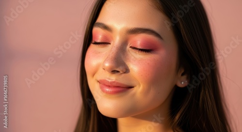 Young woman with closed eyes and pink makeup smiling in warm sunlight