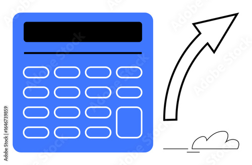 Blue calculator with bold buttons and an arrow pointing upward, symbolizing financial calculations, growth, or achievement. Ideal for business, accounting, finance, budgeting, success investment
