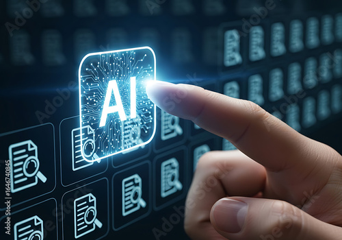 AI Technology: Futuristic Interface, Document Search, Digital Fingertip Interaction, Blue Sci-Fi Theme.