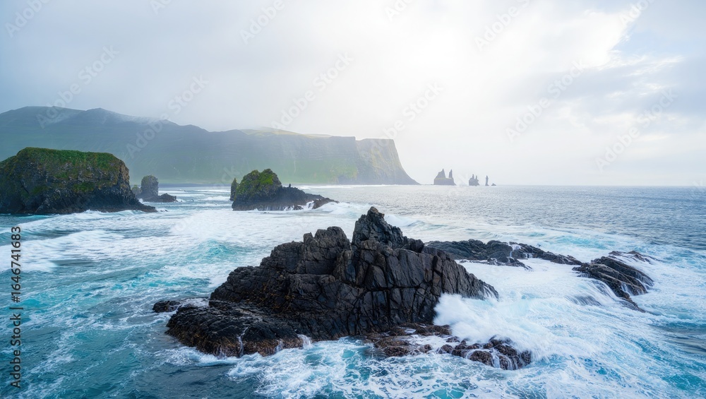 Rugged Coastal Rocks with Crashing Waves in Iceland Rugged Coastal Rocks with Crashing Waves in Iceland