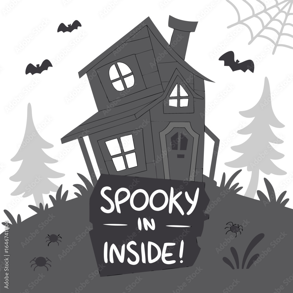 Fototapeta premium Cartoon spooky house with bats and spiderweb on a hill with a sign that says spooky inside