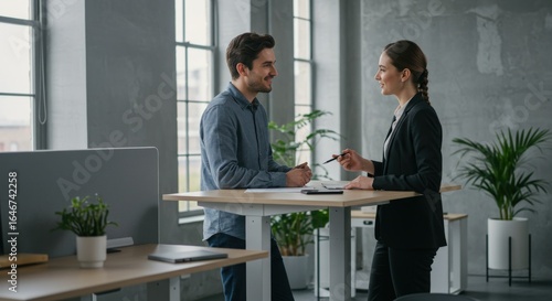 Business colleagues discussing at standing desk in office.
