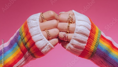 Close-up of hands in warm, ribbed sweaters, adorned with multiple rings, set against a vibrant pink backdrop