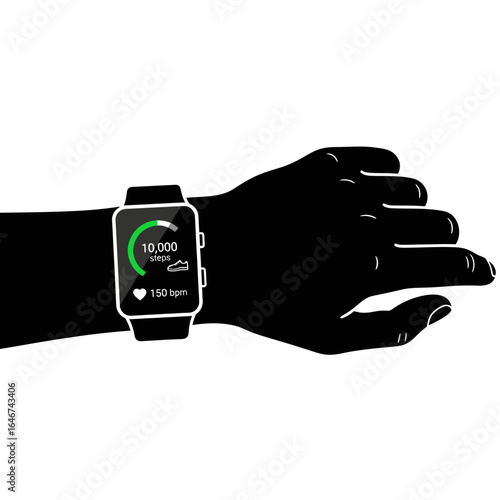 A person wearing a smartwatch showing 10,000 steps completed for the day, An illustration of a fitness tracker showing a successful day of walking