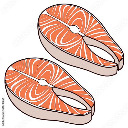 Two salmon steaks showcase white fat lines against an isolated transparent background