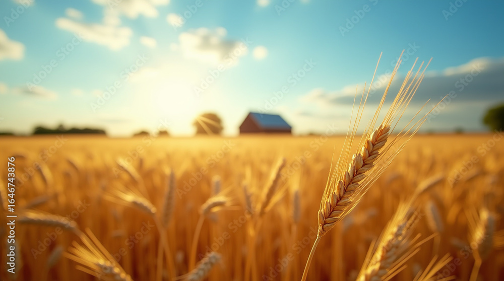 Obraz premium A huge golden wheat field under a bright blue sky