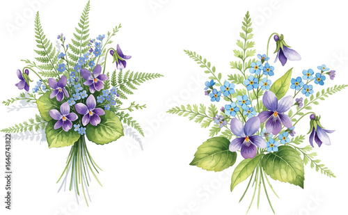Wildflower Bouquets: Watercolor Violets and Forget-Me-Nots with Ferns

