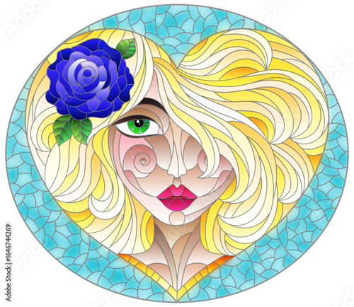 Stained glass illustration with a portrait of girl with blond hair and heart-shaped rose, on blue background