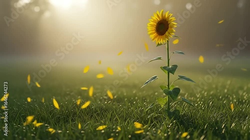 Sunrise Sunflower Field with Falling Petals and Misty Background – Luxury Perfume Commercial Scene