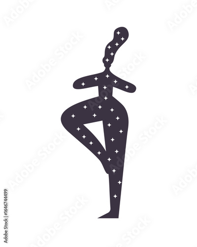 Female silhouette with stars standing in yoga pose symbolizes balance, inner peace and calm. Flat vector illustration on white background.