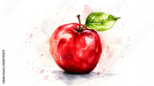 watercolor painting of a red apple with green leave