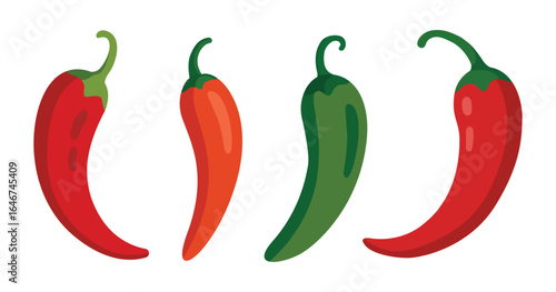 Four colorful chili peppers isolated on white background.