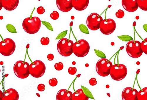 Seamless pattern of cute, red cherries with preppy details on white background, stem, graphic