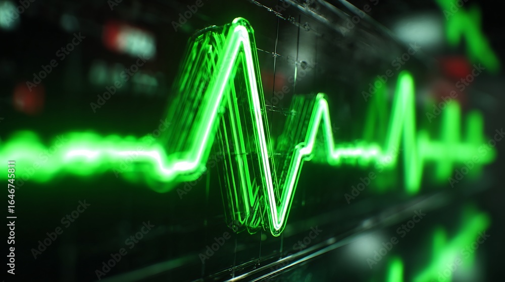 Obraz premium Green illuminated waveform displayed on a dark background. Abstract, futuristic graphic.